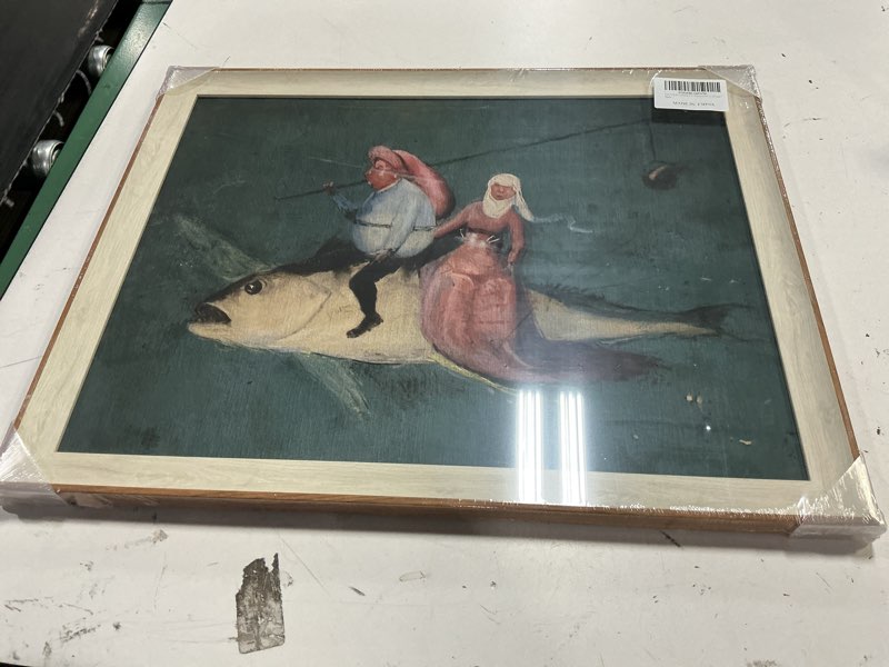 Condition photo showing New/Like New for viyyiea framed wall art for living room, drive the fish canvas prints, vintage home decor, funny painting picture, bathroom wall decor gifts for friends or family - 20l x 16w funny-?flying fish? 20"l x 16"w