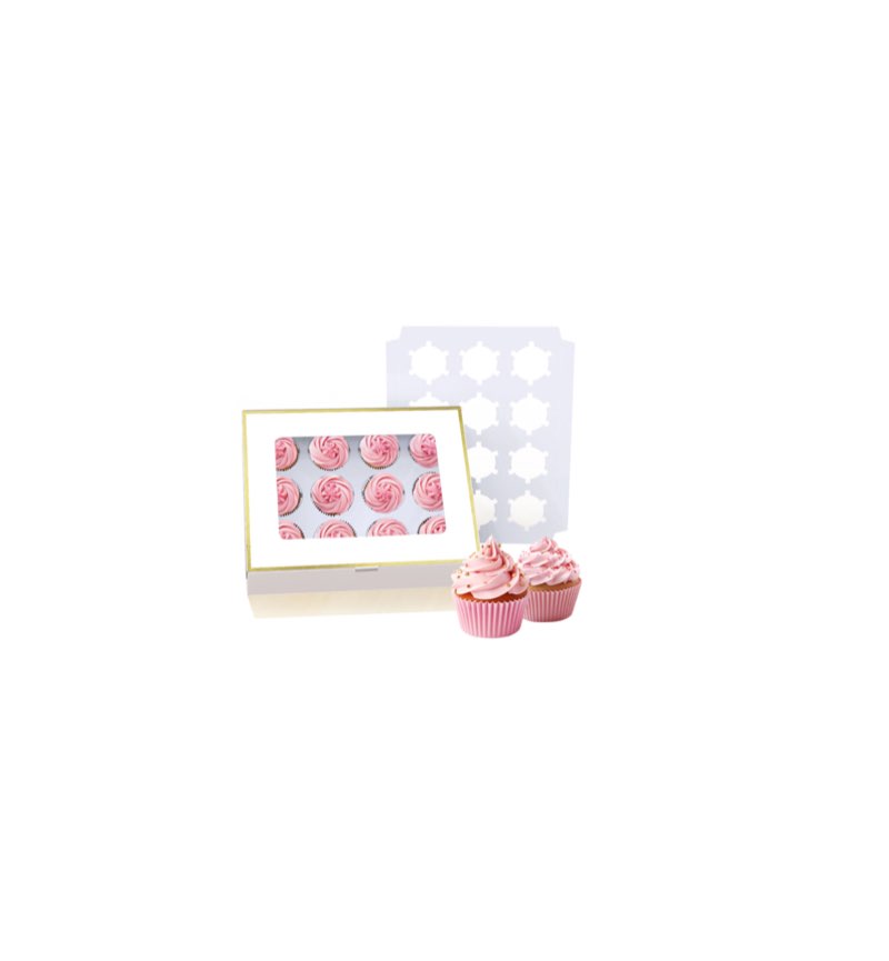 Gold-Trimmed Cupcake Boxes - 12 Count Cupcake Containers with Removable Inserts, Transparent Window