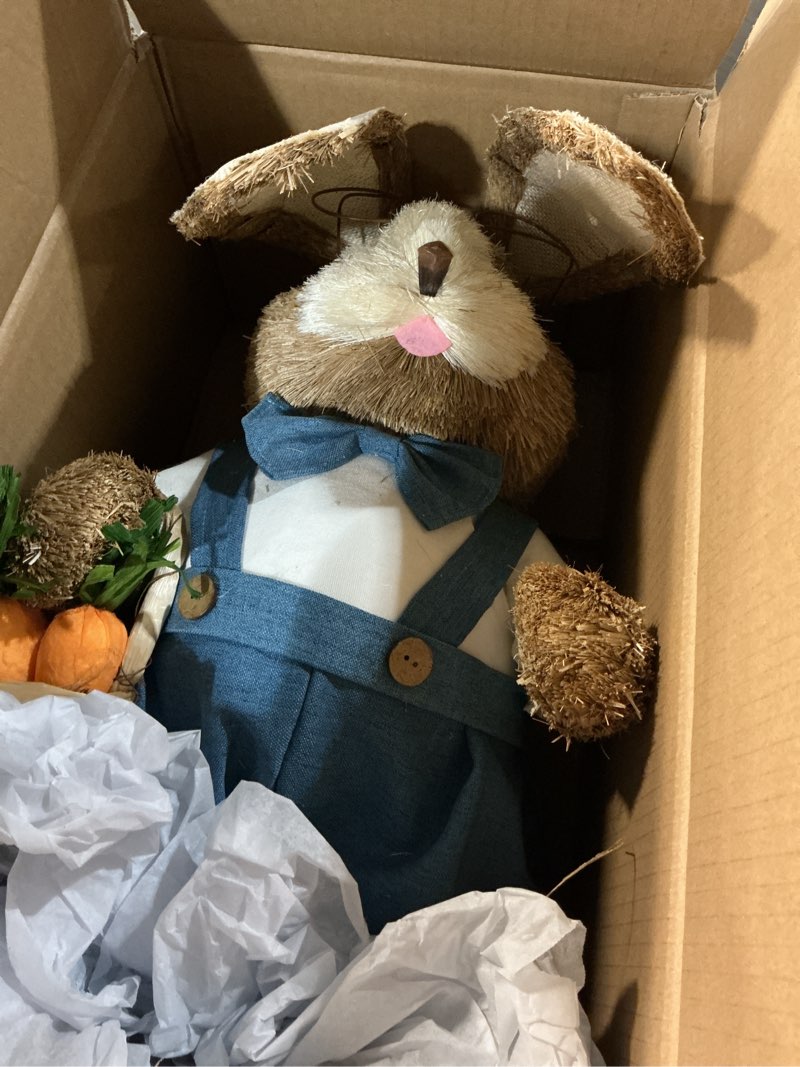 Condition photo showing Good Condition for juegoal easter bunny decor, 32"(2.6ft) large standing sisal rabbit figurine, handmade easter straw mr. bunny statues, cute photo props gifts for farmhouse spring home porch decorations style b