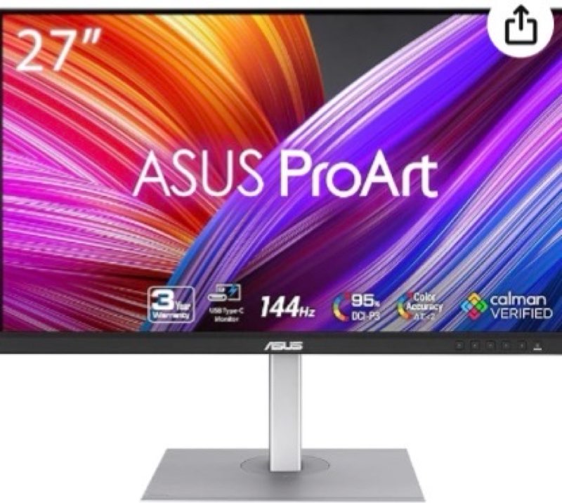 ASUS ProArt Display PA278CGRV Monitor – 27", IPS, 144Hz, QHD (2560 x 1440), 97% DCI-P3, ?E < 2, Calm