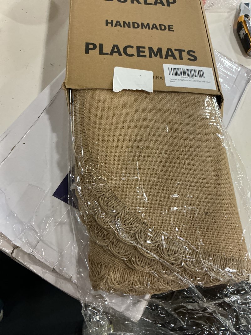 Condition photo showing New/Like New for funwheat burlap round braided placemats set of 12 for dining tables 15 inch heat resistant jute table mats farmhouse natural place mats for decoration (twist lace, 12pcs) e twist lace 12pcs