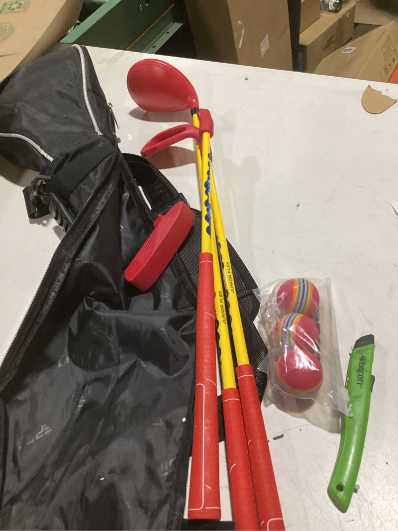 Condition photo showing As Is for 2 pack backyard golf game clubs with 5”x 3.5” oversize heads and 36” lightweight carbon shaft for adults play outdoor golf yard game in grass parks and yards hit plastic and foam balls 2 pack-red