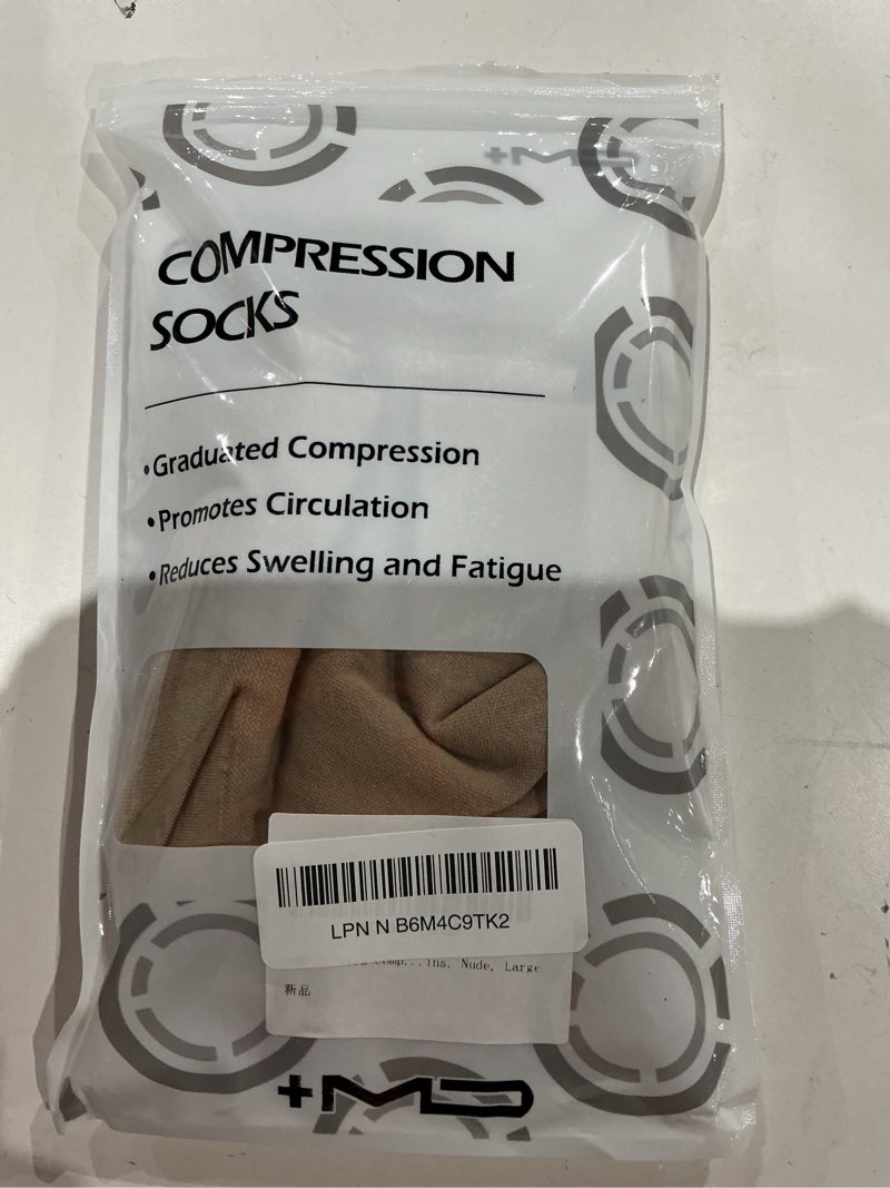 Condition photo showing As Is for +md 2 pairs medical compression socks for women & men 20-30 mmhg, knee high open toe stocking for edema, varicose veins large 2 pairs nude