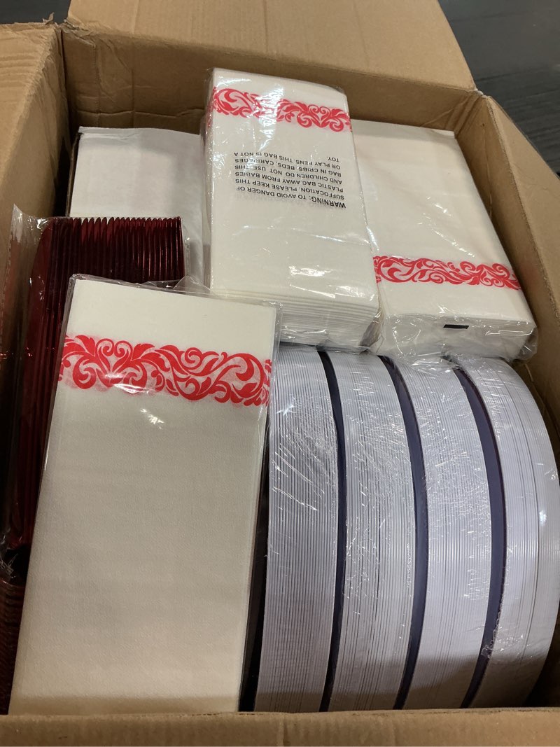 Condition photo showing New/Like New for WELLIFE 700 Pcs Red Plastic Plates for 100 Guests - Plastic Dinnerware Set,Party Supplies Includes 200 Red Disposable Plates,300 Silverware,100 Napkins,100 Cups Red 700PCS