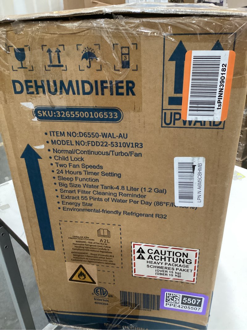 Condition photo showing As Is for zafro 55 pint?max? 2500 sq ft dehumidifier, portable dehumidifier with drain hose & dry clothes mode, 38.7db ultra quiet for home, large room, basement, garage, bathroom, bedroom with washable filte