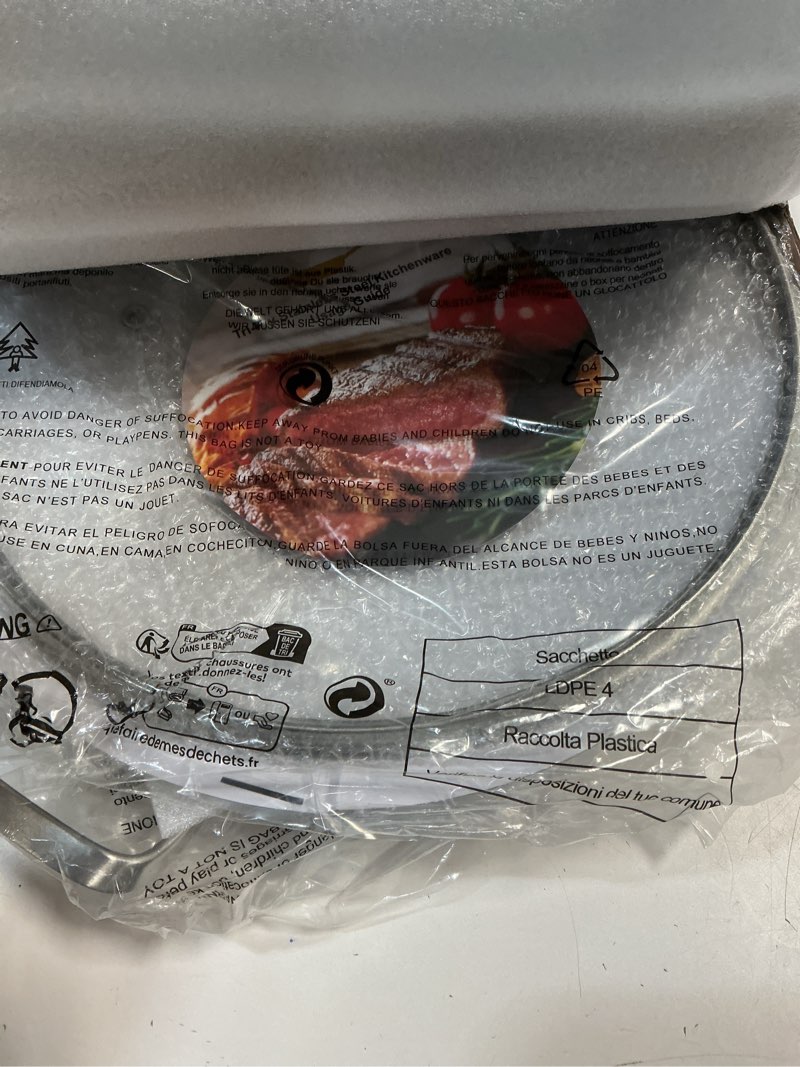 Condition photo showing New/Like New for Inqibee 14 Inch Tri-Ply Stainless Steel Paella Pan with Lid,Large Skillet,Omelet,Griddle,Induction Cooking Pan,Dishwasher and Oven Safe. 14 Inch with Lid