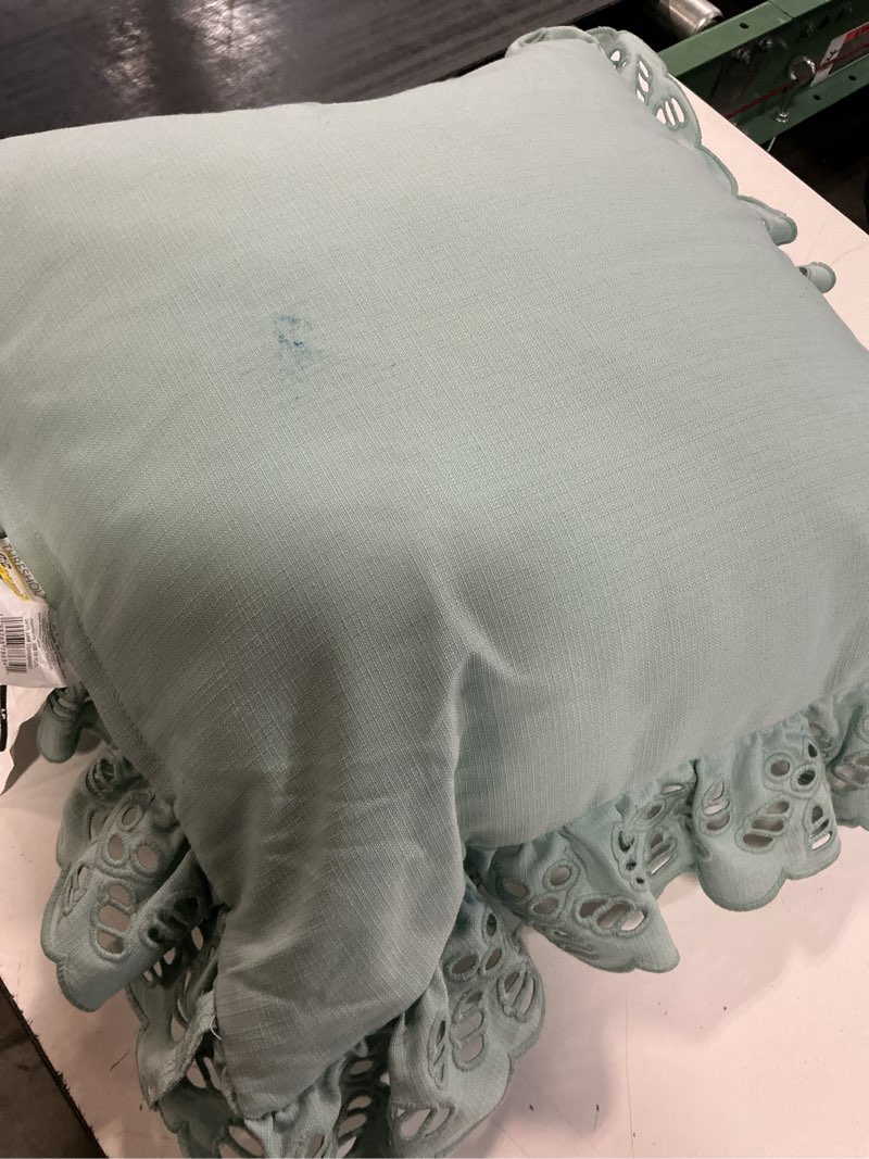 Condition photo showing As Is for 26"x26" eyelet ruffle outdoor throw pillow blue - threshold™ designed with studio mcgee