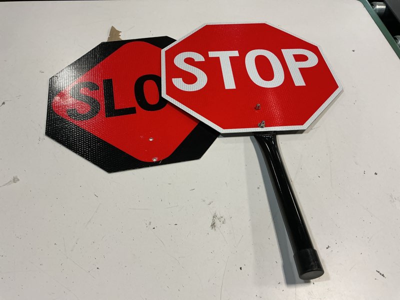 Condition photo showing Good Condition for t&r (2 pack) stop slow sign with handle, 13 x 13 inches double sided stop/slow traffic sign, rust free aluminum reflective, weather resistant, waterproof, fade resistant, easy to mount. 13" x 13" - 2 pack - stop/slow