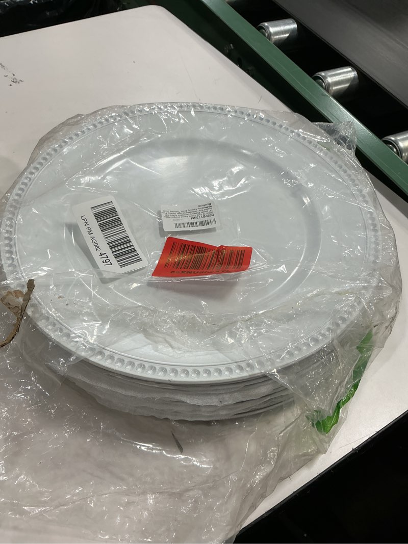 Condition photo showing Good Condition for Okllen 12 Pack Plastic Round Charger Plates, 13" Dinner Chargers Decorative Plates with Beaded Rim, Embossed Charger Serving Plates for Wedding, Catering Event, Tabletop Decor, White