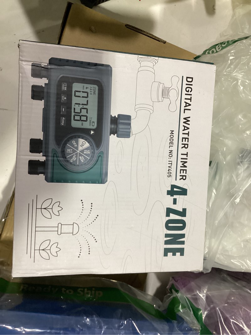 Condition photo showing Good Condition for sprinkler timer for outdoor hose faucet 4 zone, programmable hose timer with rain delay/manual/automatic watering system, water timers for garden hose, digital drip irrigation for yard lawn outdoor