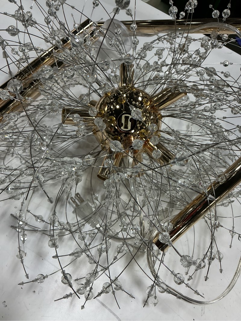 Condition photo showing As Is for Sputnik 9-Lights Crystal Chandeliers, Modern Round Dandelion Pendant Lighting, Gold Firework Ceiling Hanging Lamp for Bedroom Kitchen Island Dining Room Living Room