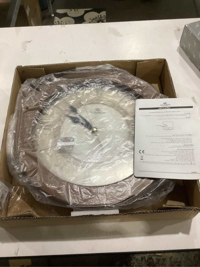 Condition photo showing Good Condition for vintage wall clock 15.5 inch silent non-ticking sweep movement roman numerals solid alder wood frame antique compass-inspired design for living room study entryway