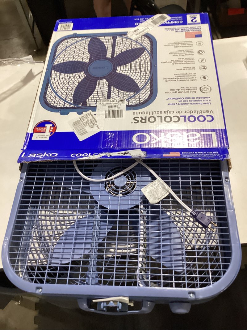 Condition photo showing As Is for lasko cool colors 20" 3-speed energy efficient box fan, laguna blue, b20312