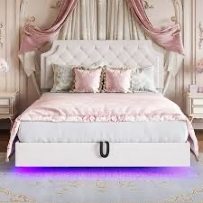 Molano Floating Bed Frame Adjustable Headboard Lifting Up Upholstered Bed With Charging Station LED Lights queen 