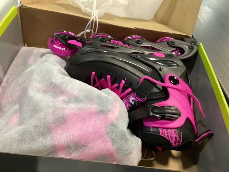 Condition photo showing New/Like New for ((size x-large - adult (6-8 men/7-9 women) ))mammygol adjustable inline skates for kids youths adults, all wheels light up, indoor and outdoor blades roller skates for boys girls teen beginners rosy