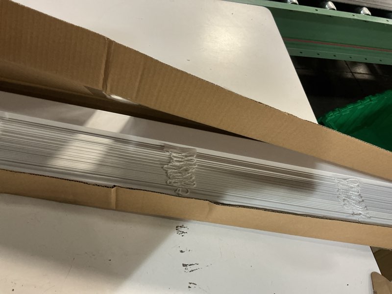 Condition photo showing As Is for allen + roth trim at home 2-in slat width 35-in x 48-in cordless white faux wood room darkening horizontal blinds