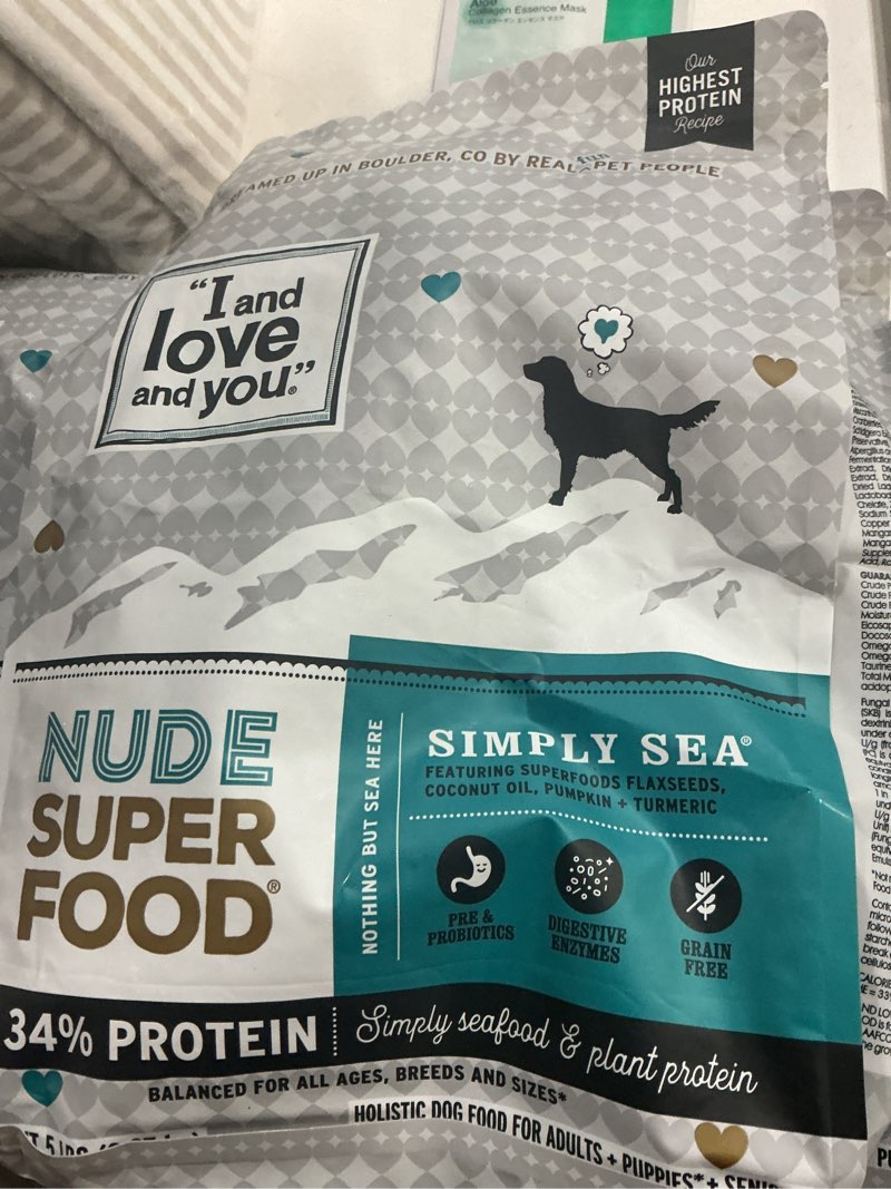 Condition photo showing New/Like New for (B.B.Y 09/03/2026) I and love and you Nude Super Food Dry Dog Food - Salmon + Whitefish - Prebiotic + Probiotic, Grain Free, Real Meat, No Fillers, 5lb Bag Whitefish + Salmon 5 Pound (Pack of 1)