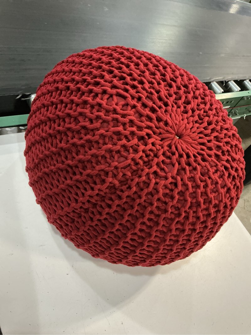 Condition photo showing Good Condition for · redearth · round pouf ottoman - hand knitted boho poof footrest - red | 100% cotton, 19.5"x19.5"x14"; doubles as footstool, foot rest; great for living room, bedroom, nursery, patio, dorm, lounge red 19.5"d x 19.5"w x 14"h