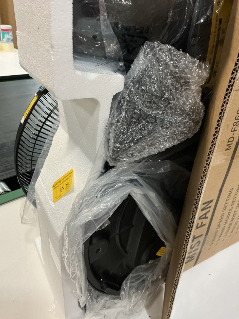 Condition photo showing As Is for misting fan, 16'' standing fan with humidifier, oscillating fan with 3 winds 9 speeds, ultrasonic humidifier for bedroom/living room/office, 0.5-7h timer for daily indoor cool black