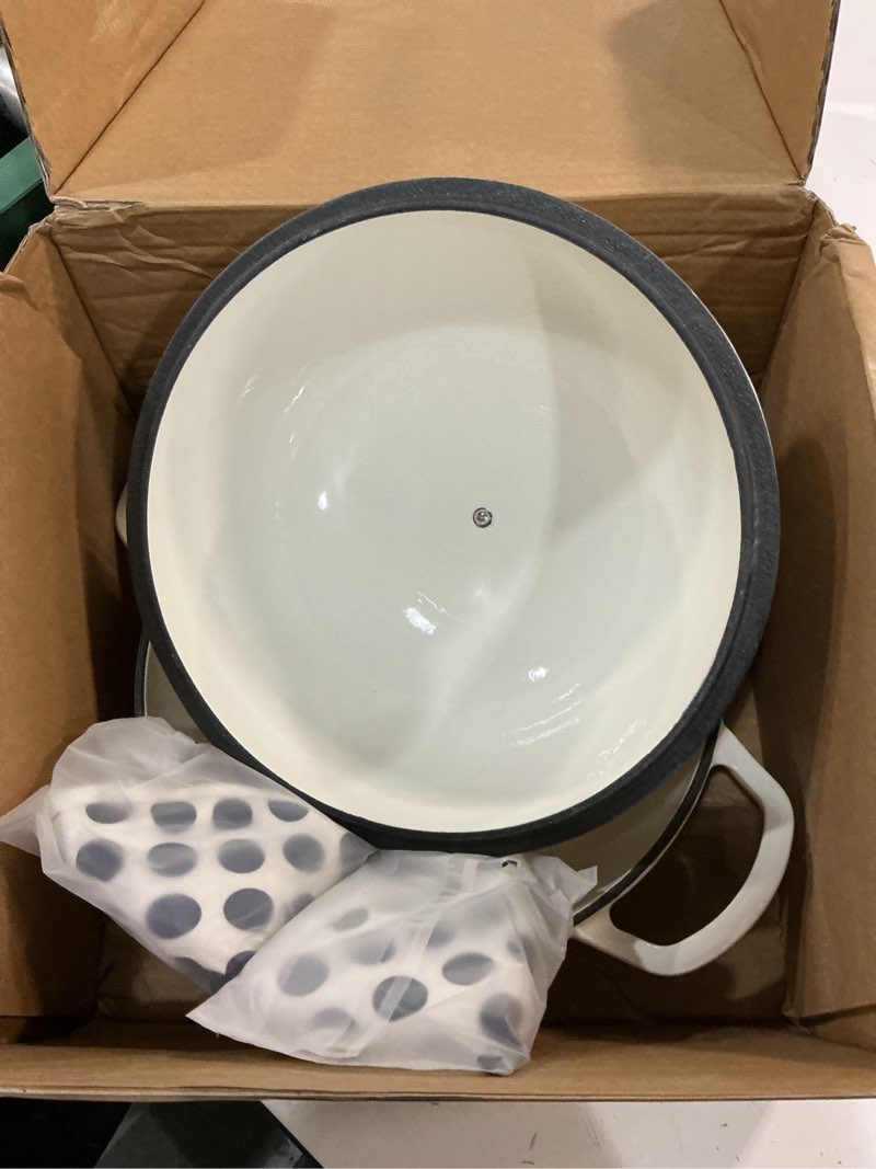 Condition photo showing Good Condition for enameled round cast iron bread oven, 6 qt cast iron dutch oven for homemade sourdough bread baking, bread pot with dome lid & cotton potholders (cream white)