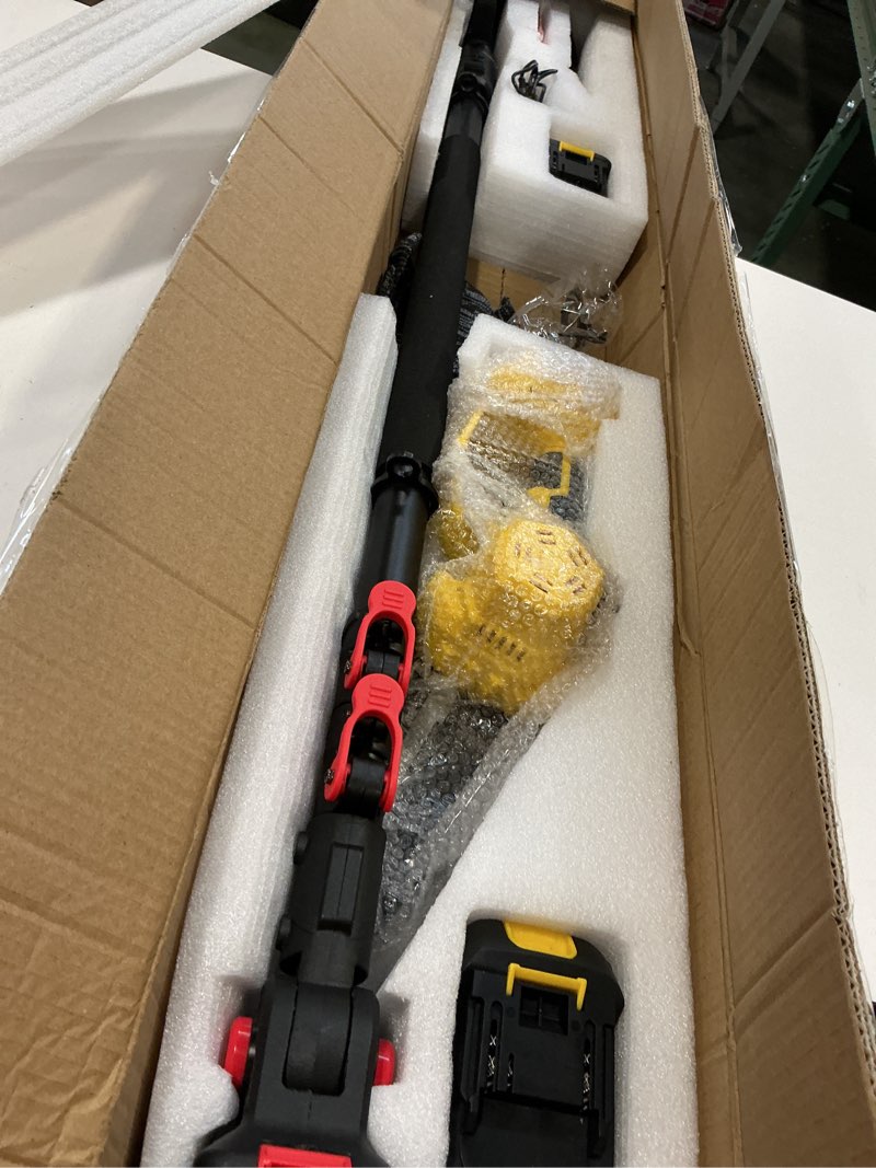 Condition photo showing Good Condition for brushless 2-in-1 cordless pole saw & mini chainsaw, 2× 21v 4.0ah batteries powered 8 inch chain, 16-foot max reach & multi-angle electric pole saw for tree trimming,tree trimmer for branch cutting. yellow