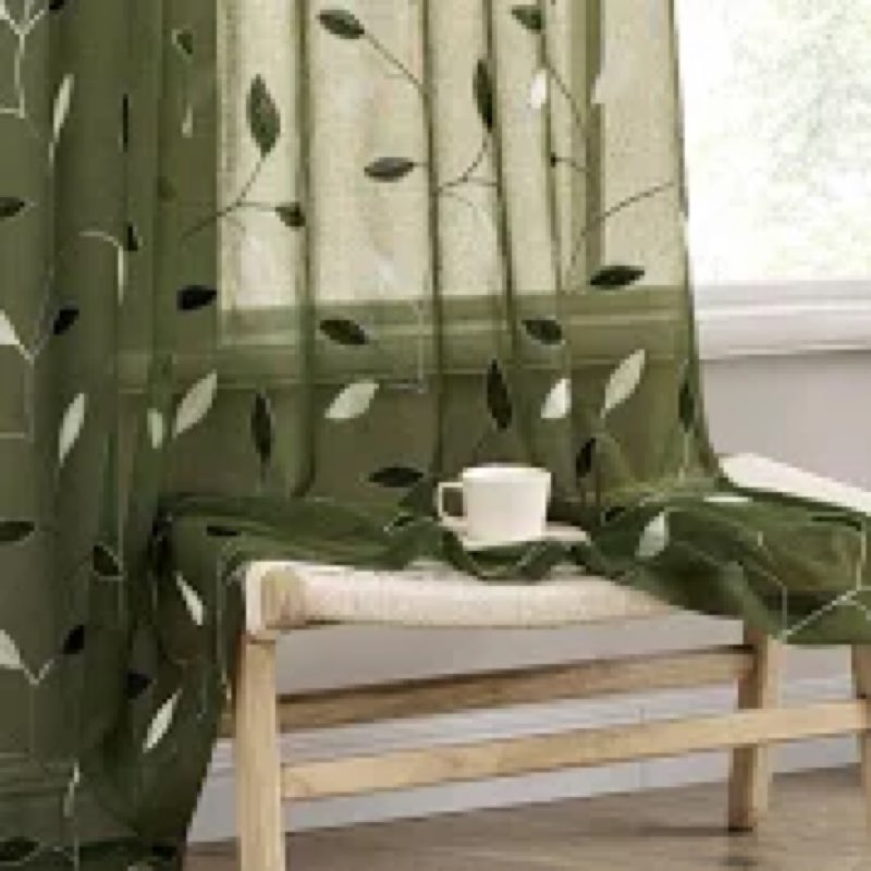MIULEE Olive Green Sheer Curtains 2 Panels Embroidered Leaf Patterned Rod Pocket Floral Semi Faux Li