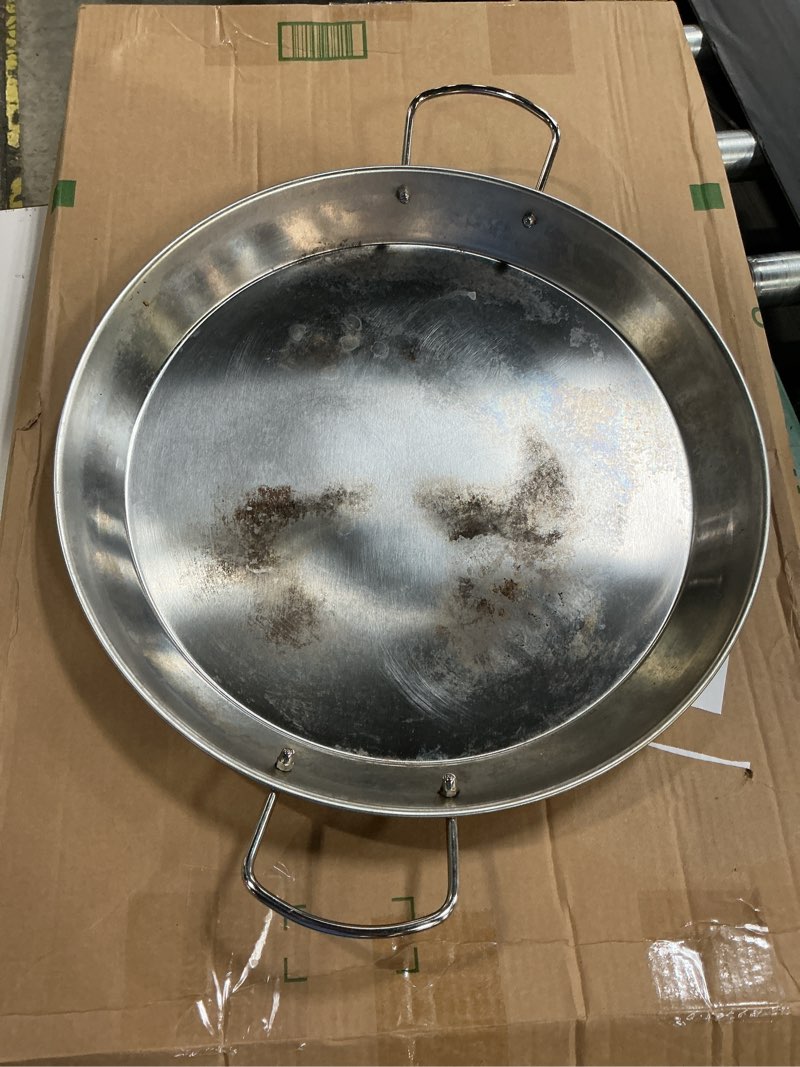 Condition photo showing As Is for stainless steel paella pan with handles, 18.5in round grill griddle for tiki solo stove cuisinart fire pit kamado charcoal grill weber kettle and more, oven and induction safe for indoor & outdoor use