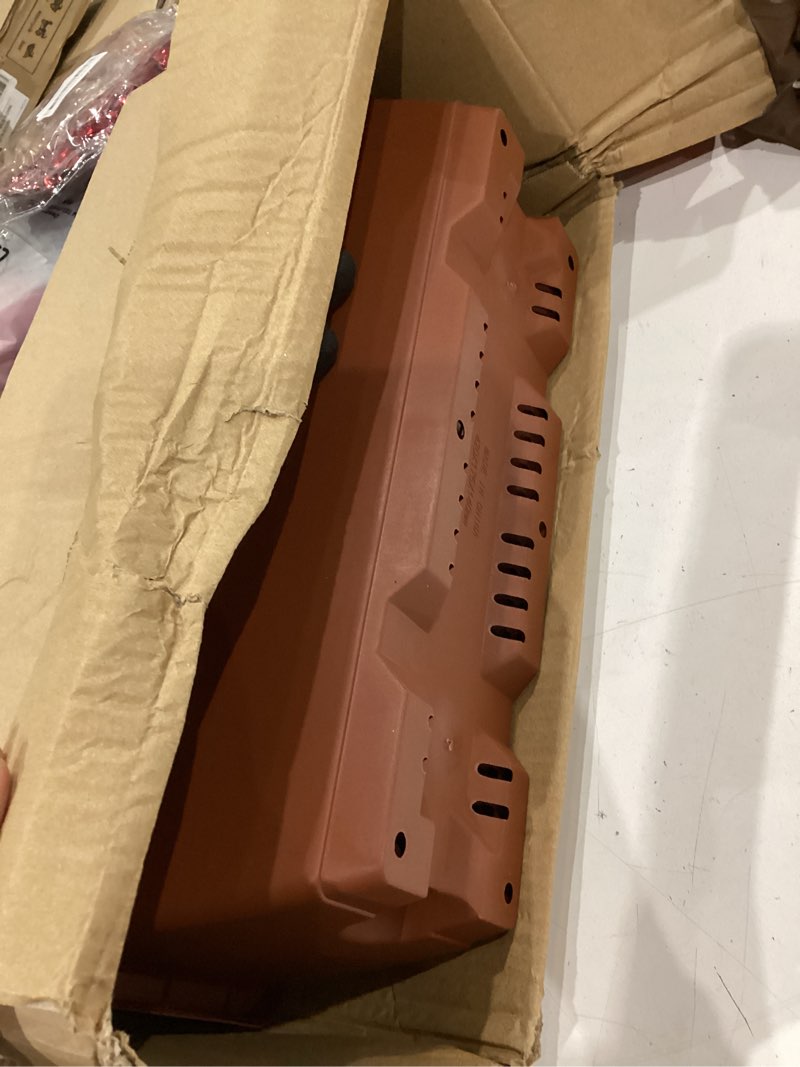 Condition photo showing New/Like New for red window box planters, 7 pack rectangular plastic flower planters boxes with saucers, 17 inches vegetable planting pots for indoor outdoor garden, patio, windowsill, home decor brick red