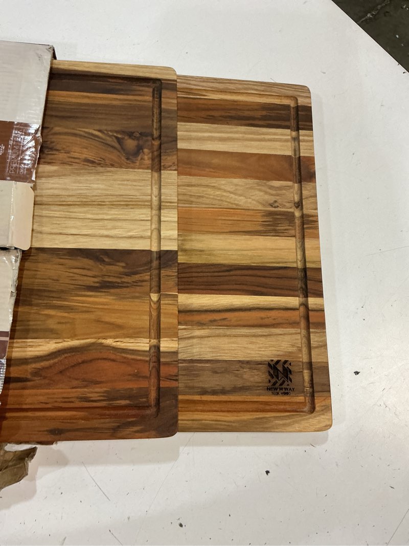 Condition photo showing Good Condition for teak wood cutting board 18" x 14" x 0.6", 2-piece set for kitchen meat & food prep - large thin edge grain, deep juice groove, lightweight solid hardwood, non-toxic, bpa free by new m way