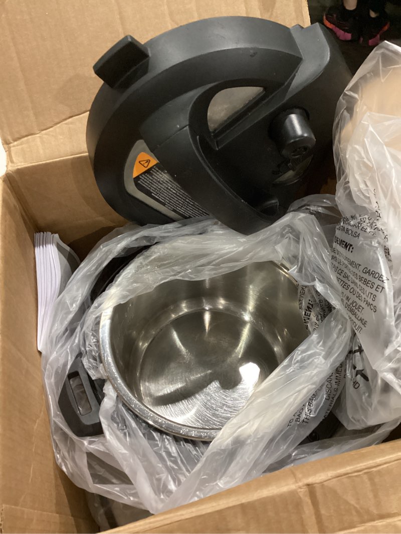 Condition photo showing As Is for instant pot duo 7-in-1 mini electric pressure cooker, slow rice cooker, steamer, sauté, yogurt maker, warmer & sterilizer, includes free app with over 1900 recipes, stainless steel, 3 quart