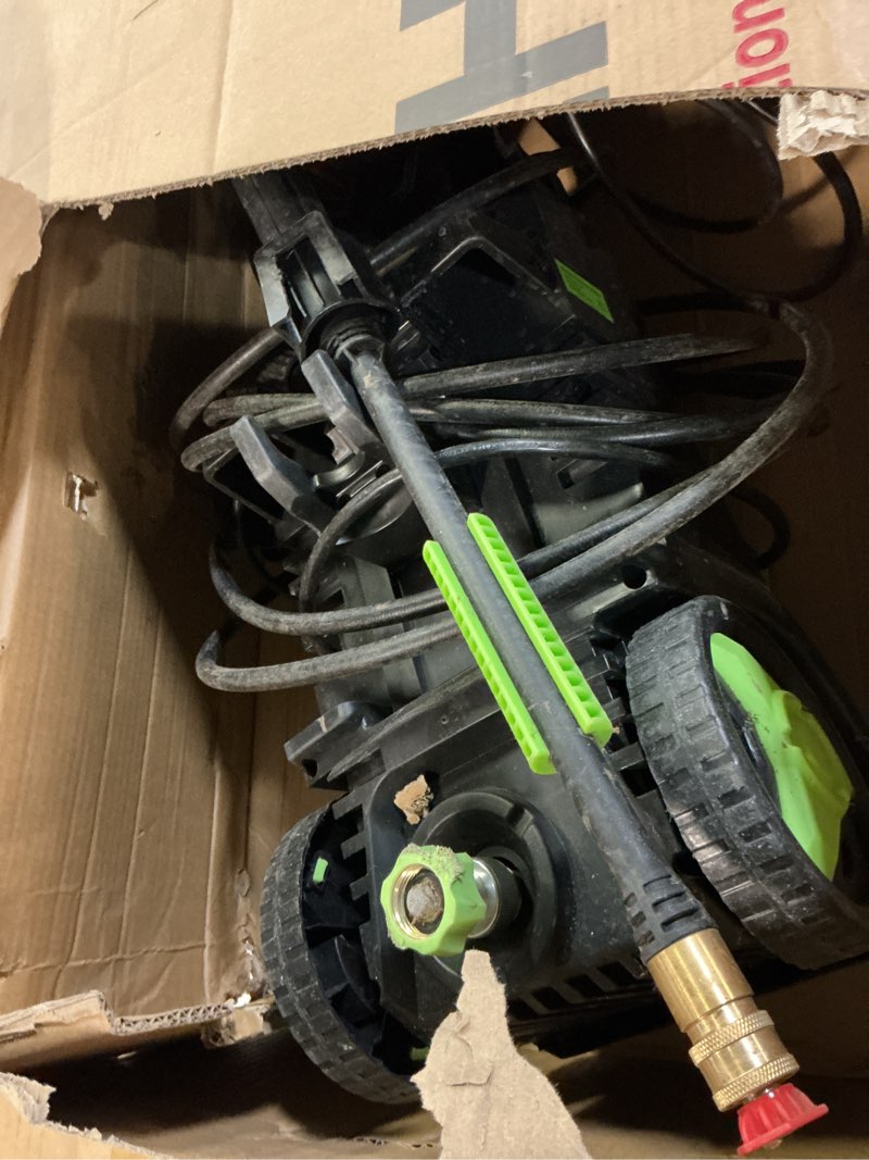 Condition photo showing As Is for pressure washer, foam cannon, 4 different pressure tips, power washer for cars/fences/driveways/home/patios