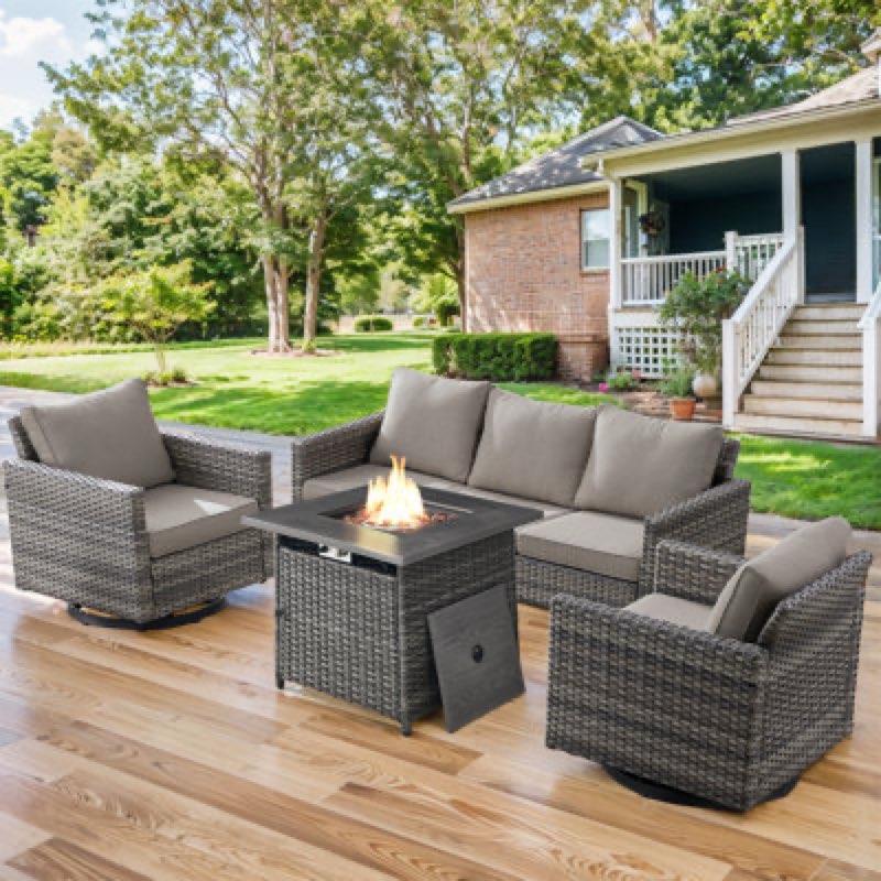 ( incomplete pickup 2 box )Silver Rattan Khaki Cushion Outdoor Gas Fireplace Seating Set-Two  Armless Chairs
