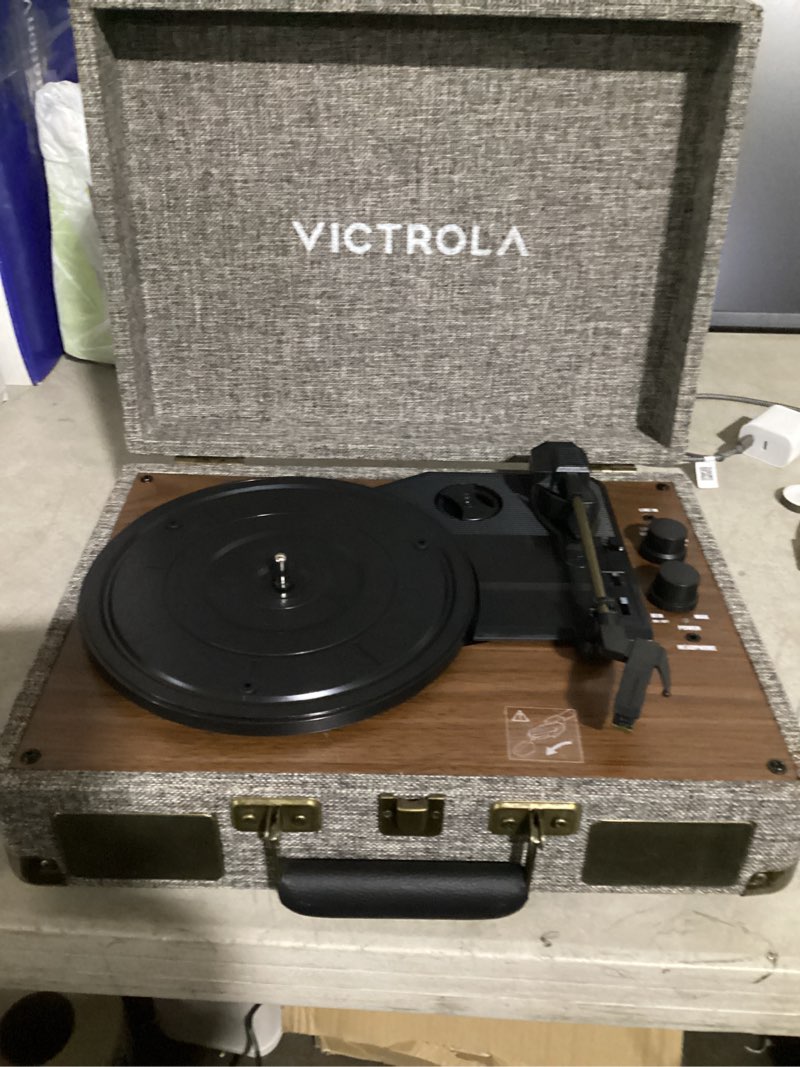 Condition photo showing As Is for victrola venture bluetooth portable mid-century modern suitcase record player with 3-speed turntable & built-in speakers | oak