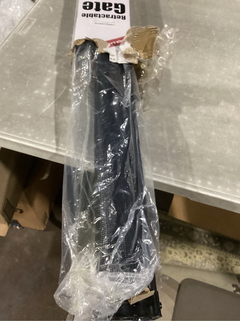 Condition photo showing New/Like New for Reinforced 42” Extra Tall x 80” Wide Retractable Baby Gates with Rods to Prevent Crawling Through, Extra Tall Pet Gate for Large Openings Indoor Long Mesh Dog Gate for Stairs and Doorways, Black Black Reinforced 42" Tall x 80" Wide