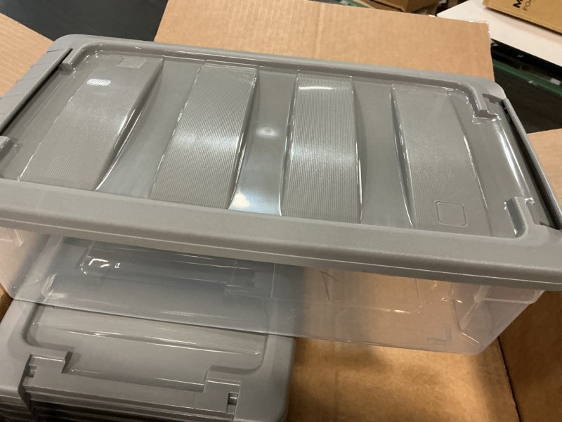 Condition photo showing Good Condition for Amazon Basics Plastic Storage Containers with Secure Latching Lids, Stackable Organization Bins for Organizing, Clear/Grey, 5 Quart, Set of 10 5 Qt. - 10 Pack
