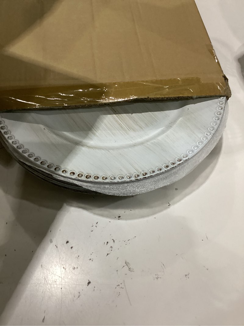 Condition photo showing Good Condition for ymhpride 60 pack vintage white plastic reusable dinner charger plates, 13'' round beaded chargers plates vintage table decoration for elegant dining - ideal for weddings and formal events vintage white 60 pcs