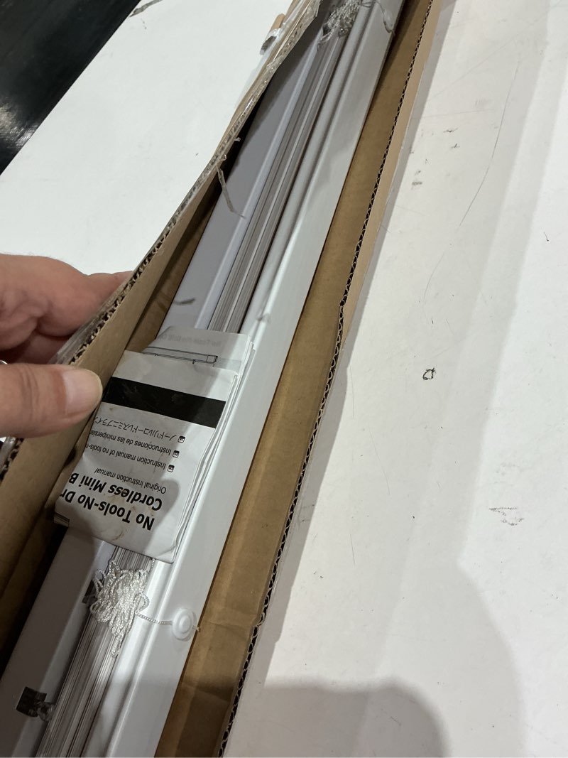 Condition photo showing As Is for lazblinds no tools no drill 1" vinyl mini blinds, cordless blinds for windows, light filtering horizontal window blinds & shades, 26" w x 48" h, white cordless-white 26" w x 48" h
