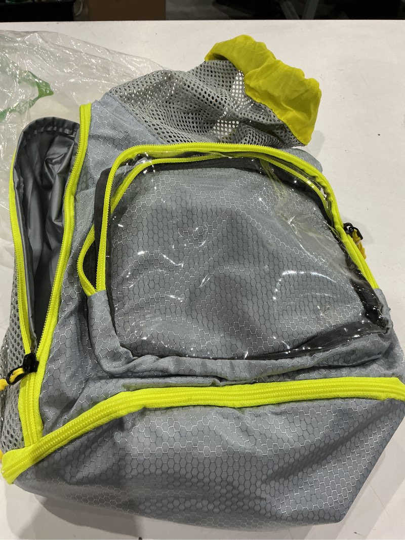 Condition photo showing As Is for mesh drawstring backpack with shoe compartment, sandproof beach swim bag with wet pocket, pool gym shower bag for travel summer camp grey style a