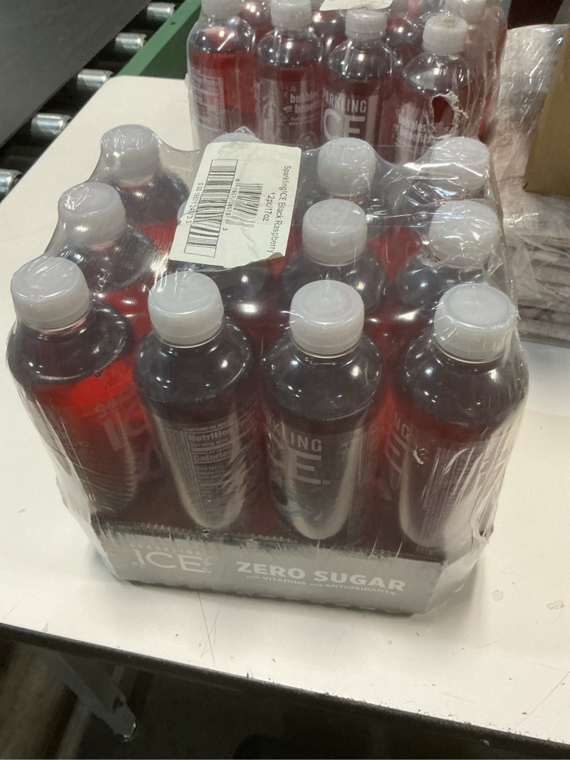 Condition photo showing New/Like New for ((07/28/2025))Sparkling Ice, Black Raspberry Sparkling Water, Zero Sugar Flavored Water, with Vitamins and Antioxidants, Low Calorie Beverage, 17 fl oz Bottles (Pack of 12)
