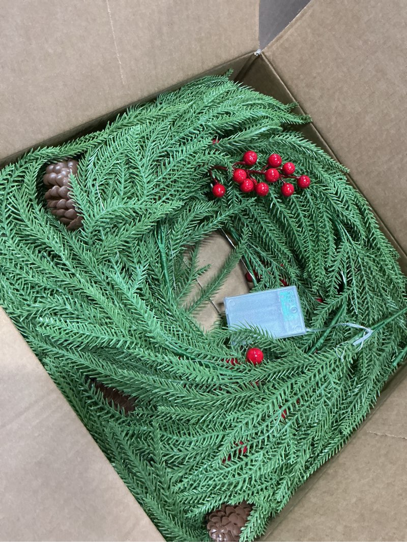Condition photo showing Good Condition for 9FT Prelit Norfolk Pine Garland for Mantle, Real Touch Realistic Greenery Garlands for Table, Outdoor Indoor Xmas Holiday 1
