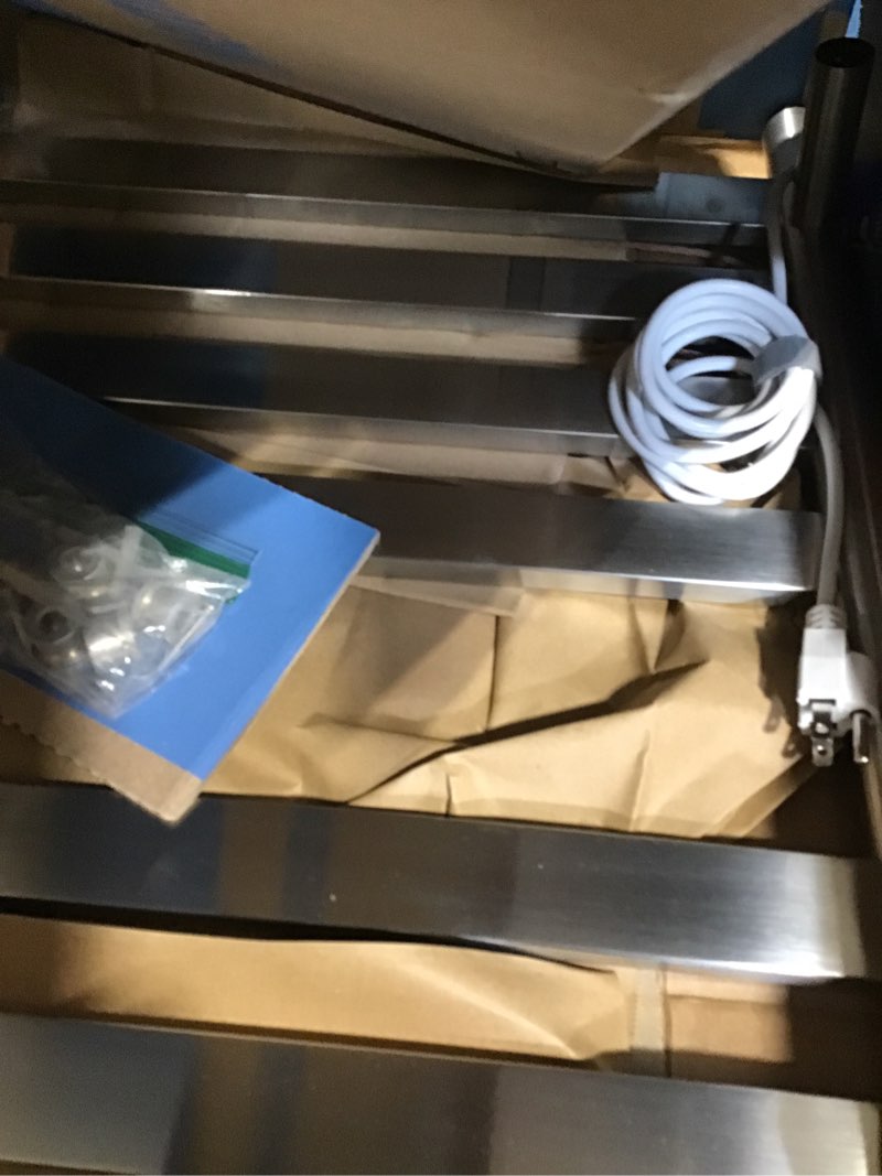 Condition photo showing As Is for Electric Towel Warmer Rack,Heating Towel Warmer,Timer & Temperature Control,Wall-Mounted Plug-in for Bathroom,Brushed,Stainless Steel,10-Bar(31.5x20.08x4.41in) Round-matte Brushed With Gold Top 10 Bars