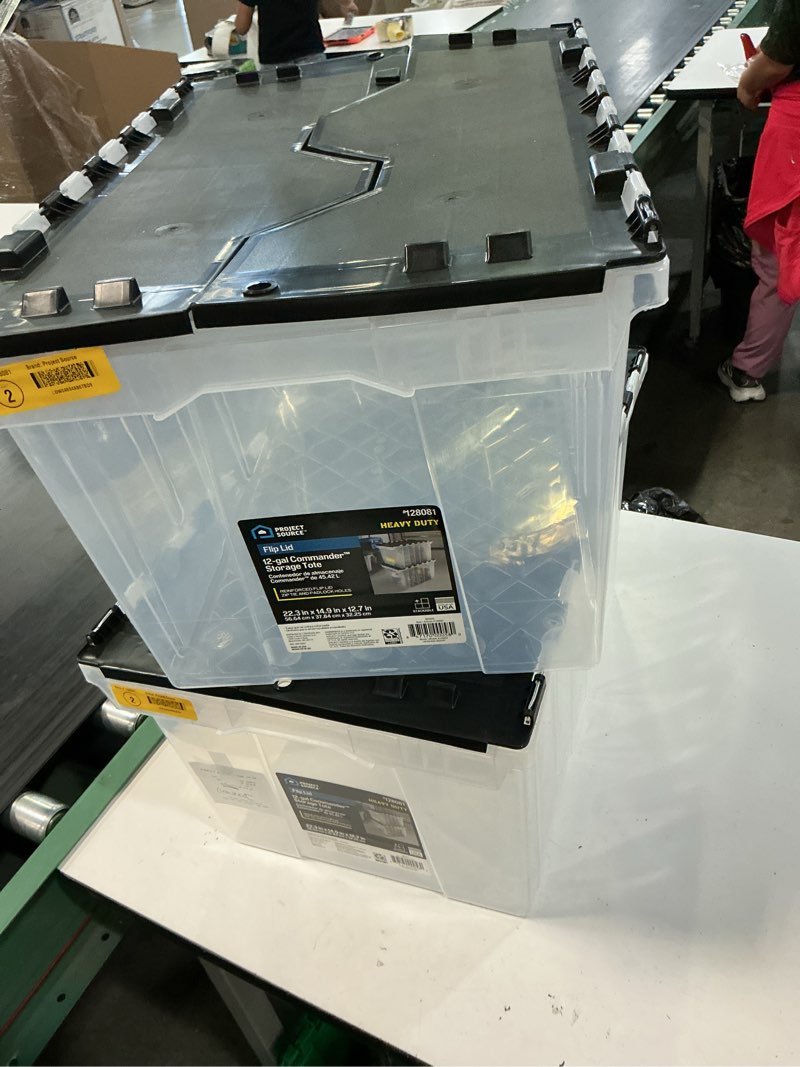 Condition photo showing Good Condition for (2 pack)project source medium 12-gallon (48-quart) clear base, black lid tote with hinged lid