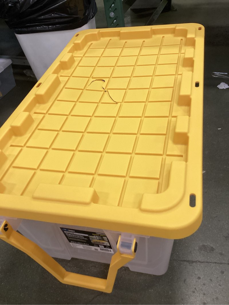 Condition photo showing As Is for ( with crack lid ) Project Source Snap Lid 40-Gallon Commander Rolling Storage Tote