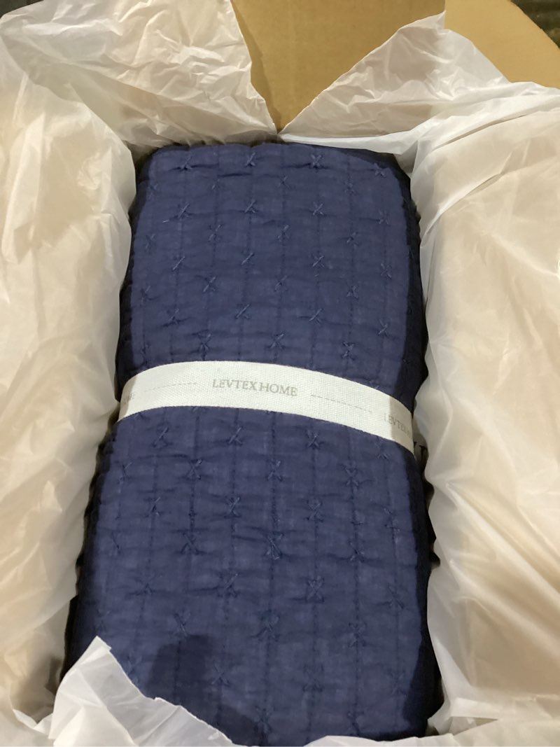 Condition photo showing New/Like New for Levtex Home Cross Stitch Reversible Full/Queen Quilt Set (88x92in) with 2 Pillow Shams (26x20in) - Stitch Texture - Navy - Cotton Full/Queen Size Quilt Bedding Set - Lightweight, Soft, Pre-Washed Quilt - Full/Queen Navy Blue