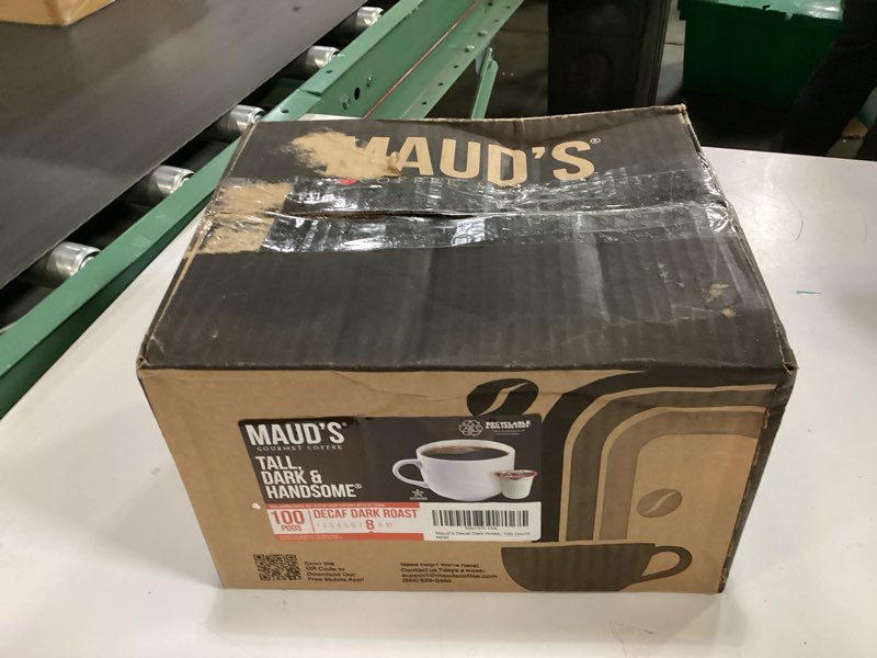 Condition photo showing New/Like New for (BEST BY:11/17/2027) Maud's Decaf Dark Roast Coffee Pods, 100 ct, Decaffeinated Recyclable Single Serve Pods – 100% Arabica, Compatible with Keurig K Cups Maker Decaf Dark Roast 100 Count (Pack of 1)