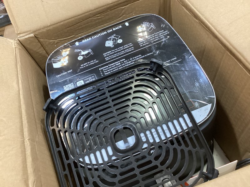 Condition photo showing As Is for cosori 9-in-1 turboblaze air fryer 6 qt, premium ceramic coating, 90°–450°f, precise heating for even results, air fry, roast, bake, broil, dry, frozen, proof, reheat, keep warm, 120v, dark gray dark gray 6qt air fryer