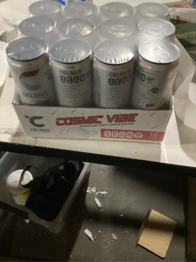 Condition photo showing New/Like New for CELSIUS COSMIC VIBE Sparkling Fruit Punch, Sugar Free Energy Drink, 12 Fl Oz (Pack of 12) Cosmic Vibe 12 Fl Oz (Pack of 12)
