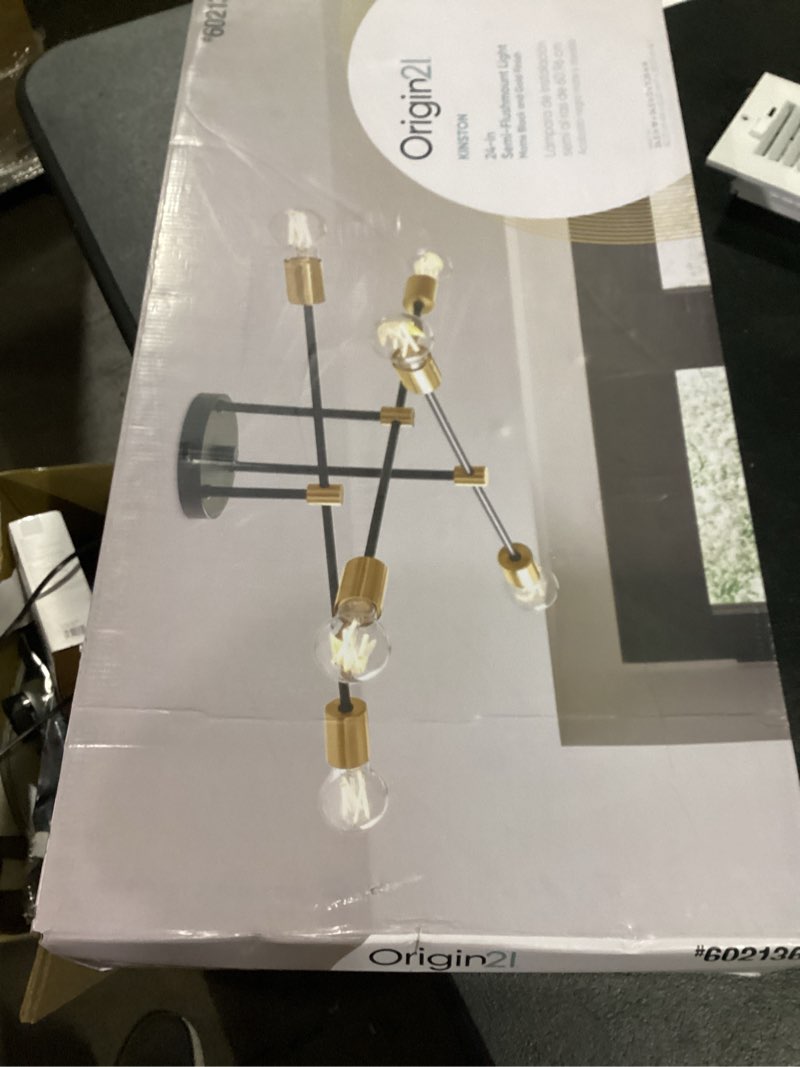Condition photo showing Good Condition for possibly incomplete .. nuts bolts origin 21 kinston 24.5-in matte black and gold indoor 6 -light semi-flush mount light