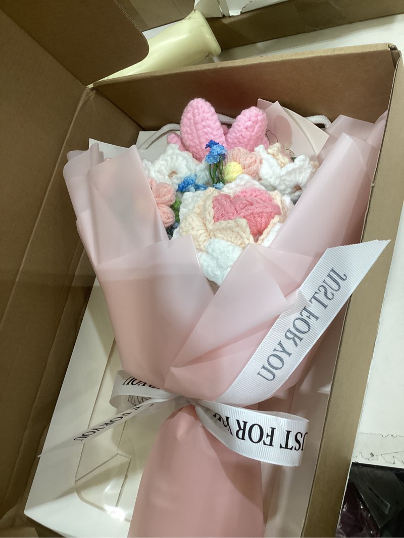 Condition photo showing New/Like New for crochet flowers bouquet - hand knitted rose crochet flower bouquet for home decor, weddings, birthdays, mother's day - includes gift bag and greeting card, faux crochet flower pink