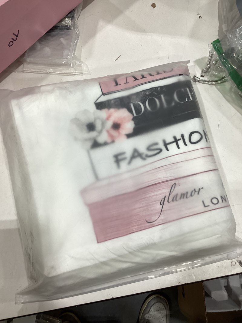 Condition photo showing Good Condition for Set of 4 Throw Pillow Covers 18x18 Fashion Cute Decorative Pillow Covers Bed Sofa Couch Pillow Covers Pink Flower Gold Perfume Lipstick Paris Pink Accent Soft Velvet Pillowcases (Black Pink)